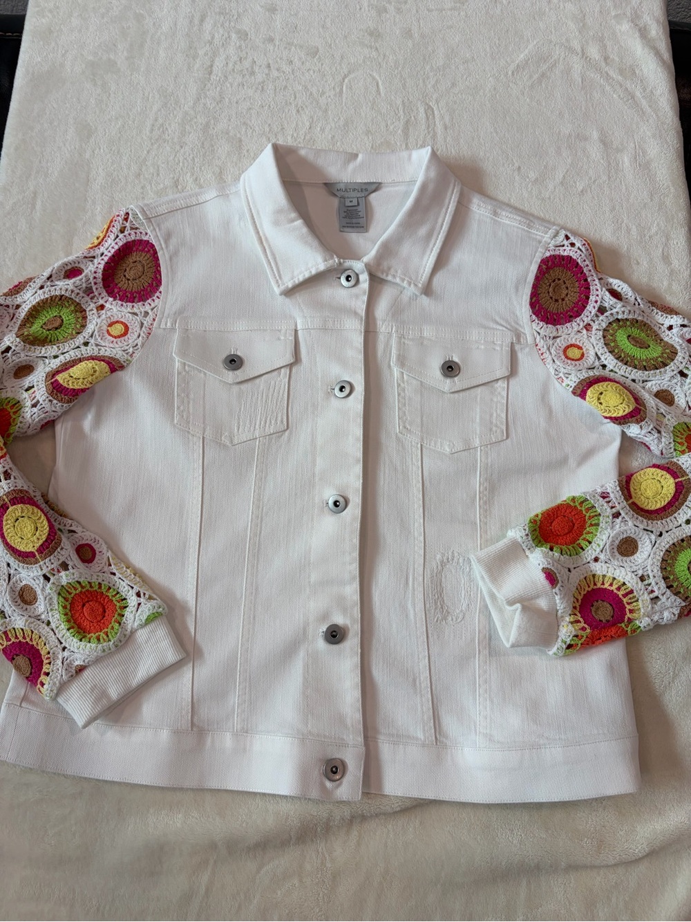 Multiples White Denim Jacket with Multicolor Crochet Sleeves